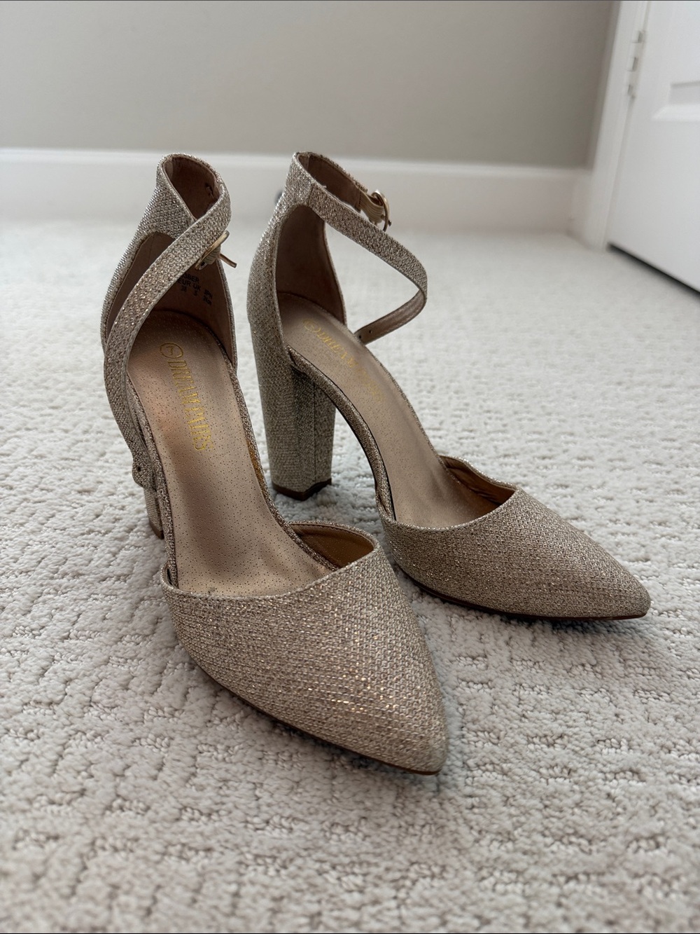 Dream Pairs Glitter Pointed-Toe Ankle-Strap Heels in Champagne Gold